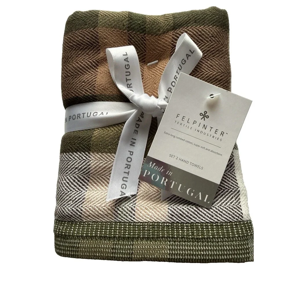2 Felpinter Hand Towels X-Long Combed Cotton Soft Made in Portugal Plaid Green